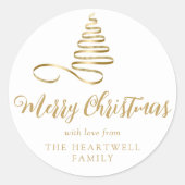 金ゴールドリボンツリーメリークリスマススクリプト ラウンドシール (正面)