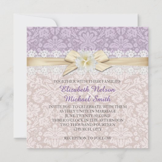 金ゴールドリボンフローララベンダーダマスウェディング招待状 招待状 (正面)