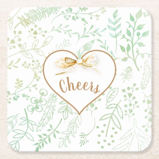 金ゴールドリボンミントフローラうれしそうなクリスマスホリデー スクエアペーパーコースター (正面)