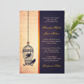 金ゴールドリボン付き架空の鳥結婚かご 招待状 (スタンド正面)