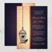 金ゴールドリボン付き架空の鳥結婚かご 招待状 (正面/裏面)