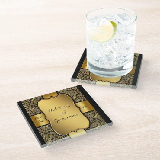 金ゴールドリボン結婚式の引き出物 ガラスコースター (アングル)