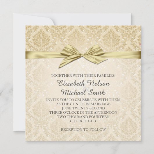 金ゴールドリボン金ゴールドダマスクウェディング招待状 招待状 (正面)