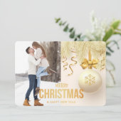 金ゴールドリボン雪片バルブ2枚フォトクリスマス シーズンカード (スタンド正面)