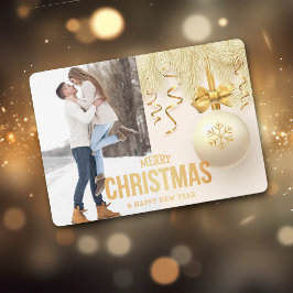 金ゴールドリボン雪片バルブ2枚フォトクリスマス シーズンカード