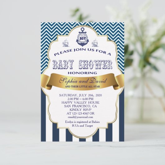 金ゴールドリボン青ストライプ波いかり赤ちゃんシャワー 招待状 (スタンド正面)