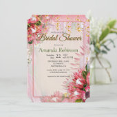 金ゴールドリボン&明るい赤紫色プロテアフラワーブライダルシャワー 招待状 (スタンド正面)