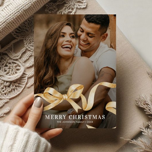 金ゴールドリボンBow写真クリスマス シーズンカード