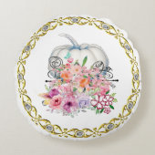 金ゴールドリムホワイトカボチャ秋フローラ水彩 ラウンドクッション (正面)