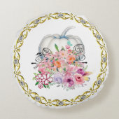 金ゴールドリムホワイトカボチャ秋フローラ水彩 ラウンドクッション (裏面)