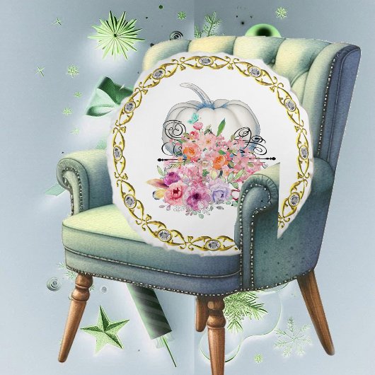 金ゴールドリムホワイトカボチャ秋フローラ水彩 ラウンドクッション