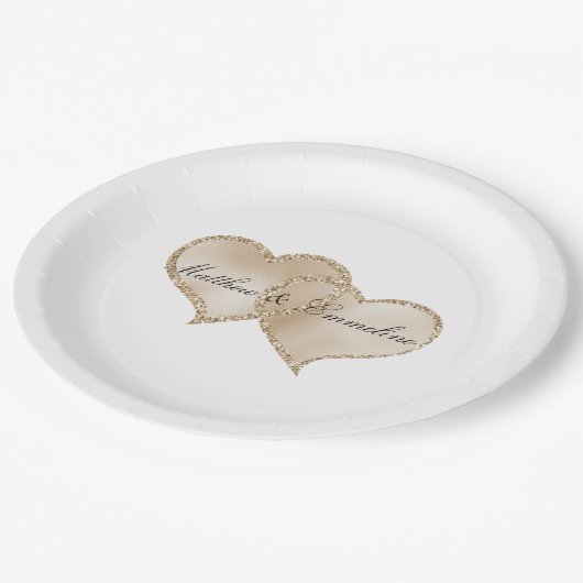 金ゴールドリュックスグリッターグリッツハート結婚ズ ペーパープレート (アングル)