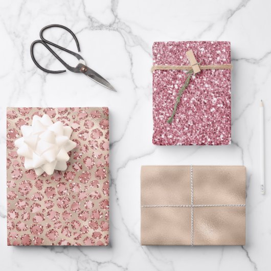 金ゴールドリュックス赤面ピンクグリッターヒョウ印刷 ラッピングペーパーシート (正面)