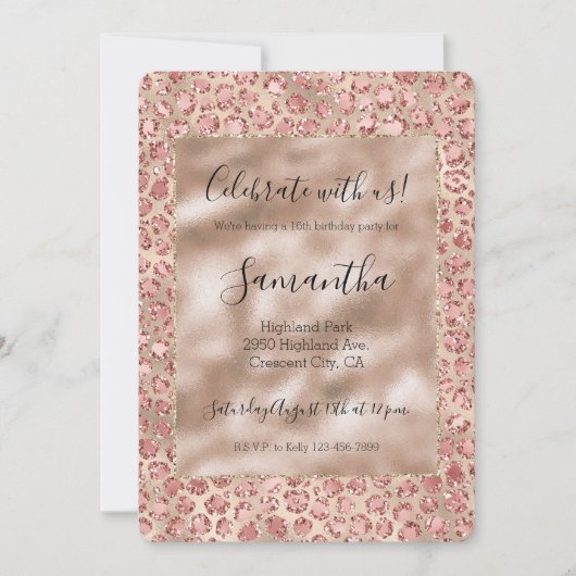 金ゴールドリュックス赤面ピンクグリッターヒョウ印刷 招待状 (正面)