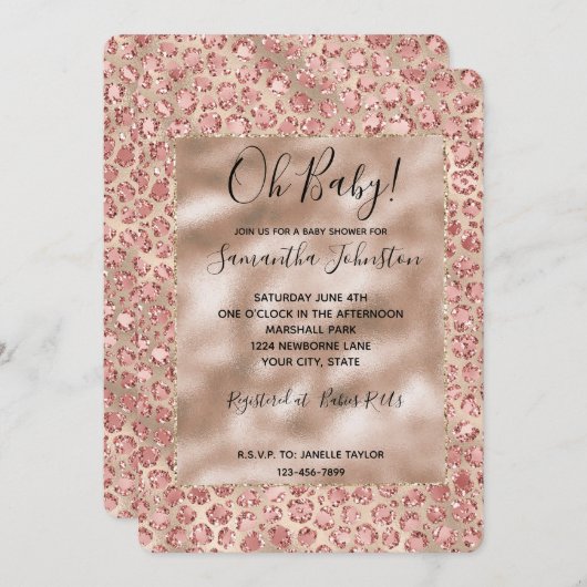 金ゴールドリュックス赤面ピンクグリッターヒョウ印刷 招待状 (正面/裏面)