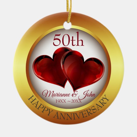 金ゴールドリングや輪と赤いハート セラミックオーナメント (正面)
