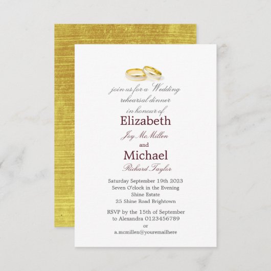 金ゴールドリングや輪エレガントなウェディングリハーサルディナー 招待状 (正面/裏面)