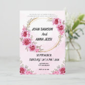 金ゴールドリングピンクローズモダン結婚式招待状 招待状 (スタンド正面)