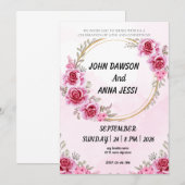 金ゴールドリングピンクローズモダン結婚式招待状 招待状 (正面/裏面)