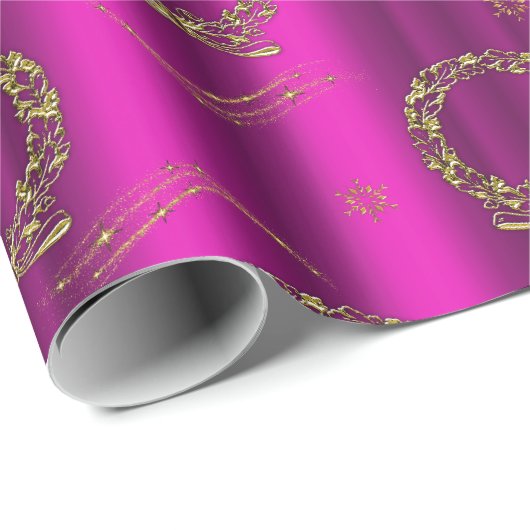 金ゴールドリースとスターピンクのクリスマス ラッピングペーパー (ロールコーナー)