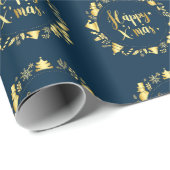 金ゴールドリースオンネイビークリスマス ラッピングペーパー (ロールコーナー)