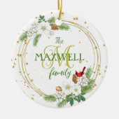 金ゴールドリースホワイトベリー、ペチュニアスと(鳥)ショウジョウコウカンチョウ セラミックオーナメント (正面)