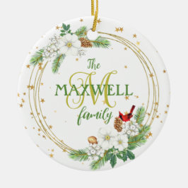 金ゴールドリースホワイトベリー、ペチュニアスと（鳥）ショウジョウコウカンチョウ セラミックオーナメント