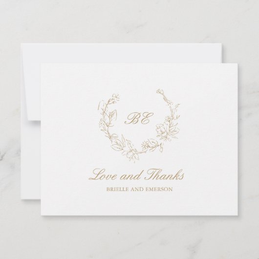 金ゴールドリースモノグラムフォトエレガントな結婚式 サンキューカード (正面)
