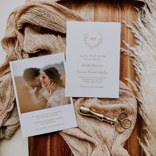 金ゴールドリースモノグラムフォトエレガントな結婚式 セーブザデート