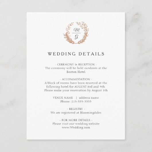 金ゴールドリースモノグラム。結婚詳細 エンクロージャーカード (正面)