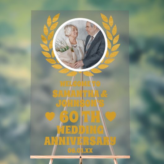 金ゴールドリース写真60th 結婚anniversary welcome アクリルサイン (ニュートラル)