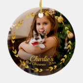 金ゴールドリース猫初めてのクリスマスシンプル写真 セラミックオーナメント (裏面)