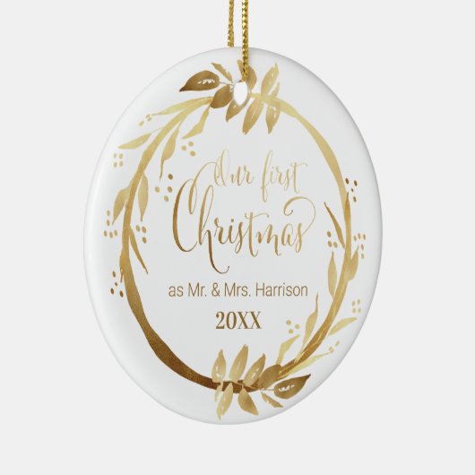金ゴールドリース |写真のミスター&ミセスとしての私たちの最初のクリスマス セラミックオーナメント (右)