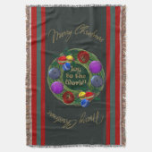 金ゴールドリース、鮮やかオーナメントオンパイングリーン スローブランケット (正面縦)