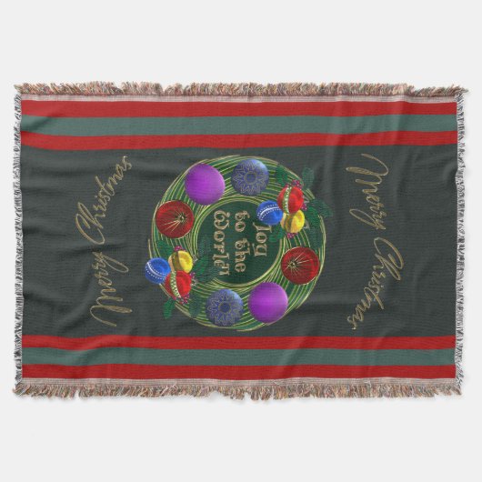 金ゴールドリース、鮮やかオーナメントオンパイングリーン スローブランケット (正面)