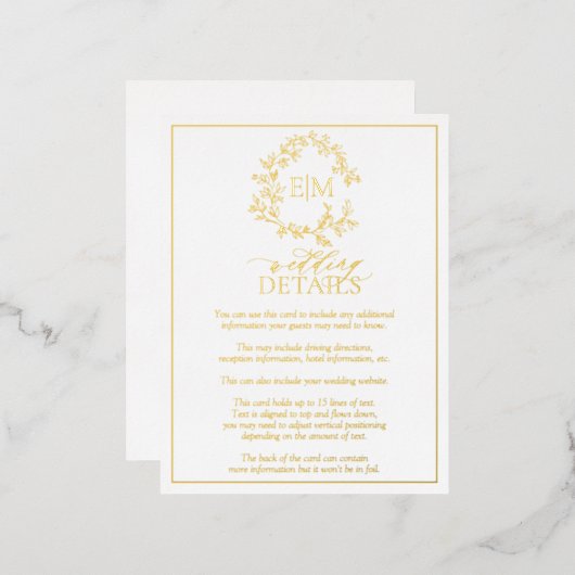 金ゴールドリーピークレストモノグラム結婚の詳細カード 箔招待状ポストカード (正面/裏面)