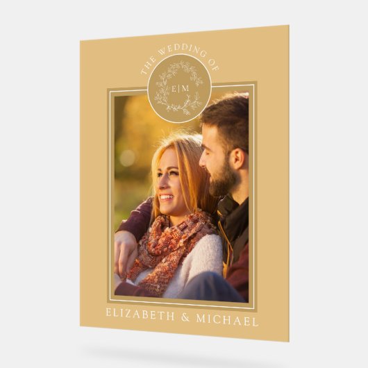 金ゴールドリーピークレストモノグラム結婚写真 アクリルサイン (傾斜)