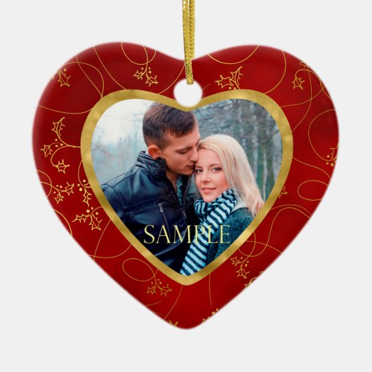 金ゴールドリーフつる植物写真テンプレート初めてのクリスマス セラミックオーナメント (正面)