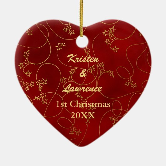 金ゴールドリーフつる植物写真テンプレート初めてのクリスマス セラミックオーナメント (裏面)