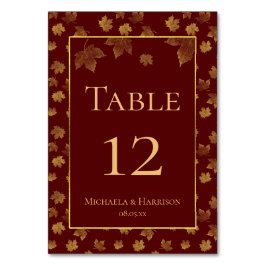 金ゴールドリーフとブルゴーニュ秋の結婚式パーティー テーブルナンバー