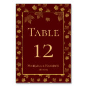 金ゴールドリーフとブルゴーニュ秋の結婚式パーティー テーブルナンバー (裏面)