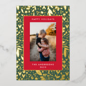 金ゴールドリーフを押し込み |緑の赤いフローラ枠 |写真 箔シーズンカード (正面)