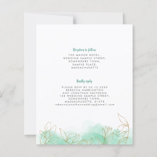 金ゴールドリーフエメラルドバジェット結婚式招待状 (裏面)