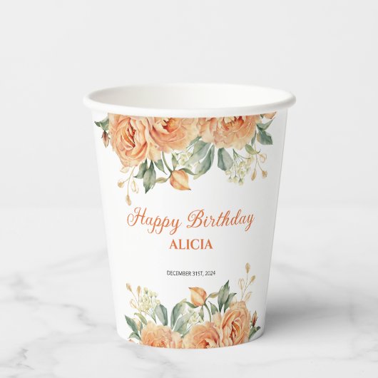 金ゴールドリーフオレンジ牡丹素朴フローラ誕生日 紙コップ (裏面)