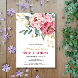 金ゴールドリーフグリーンリーレッドピンクピーニー誕生日 招待状