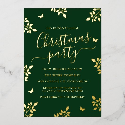 金ゴールドリーフグリーン企業のクリスマスパーティー 箔招待状 (正面)