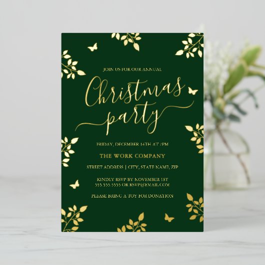 金ゴールドリーフグリーン企業のクリスマスパーティー 箔招待状 (立ち正面)