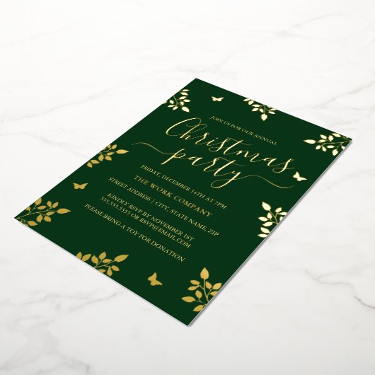 金ゴールドリーフグリーン企業のクリスマスパーティー 箔招待状 (回転した状態)
