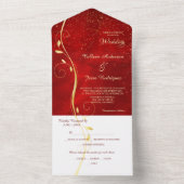 金ゴールドリーフスワールダークレッド写真テンプレート結婚ズ オールインワン招待状 (内側)