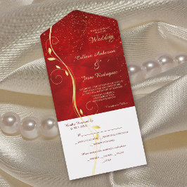 金ゴールドリーフスワールダークレッド写真テンプレート結婚ズ オールインワン招待状